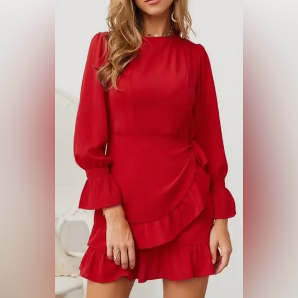 Womens Long Sleeve Round Neck Ruffles Faux Wrap Dress